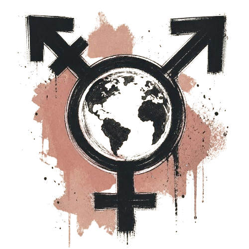 Transgender symbol overlaid on a globe, in inked brushwork